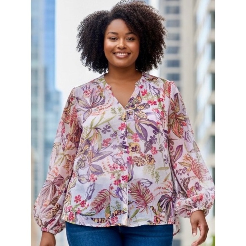 Chicos Billow‎ Sleeve Blouse Wild Floral Plum Shade Top Size 3 US 16 NWT